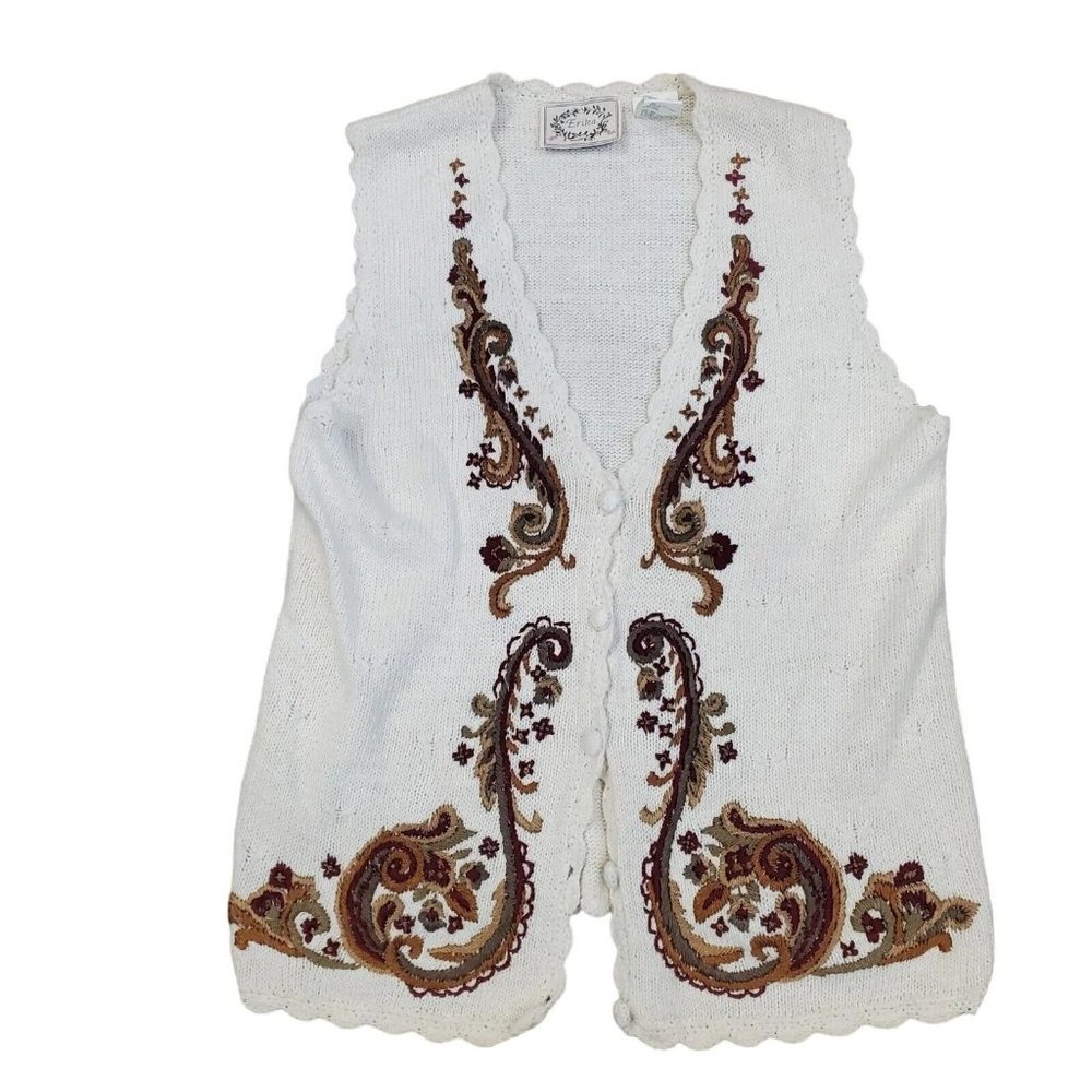 Vintage 90s‎ Cream Sweater Vest Embroidered Paisley Burgandy Sz S/M